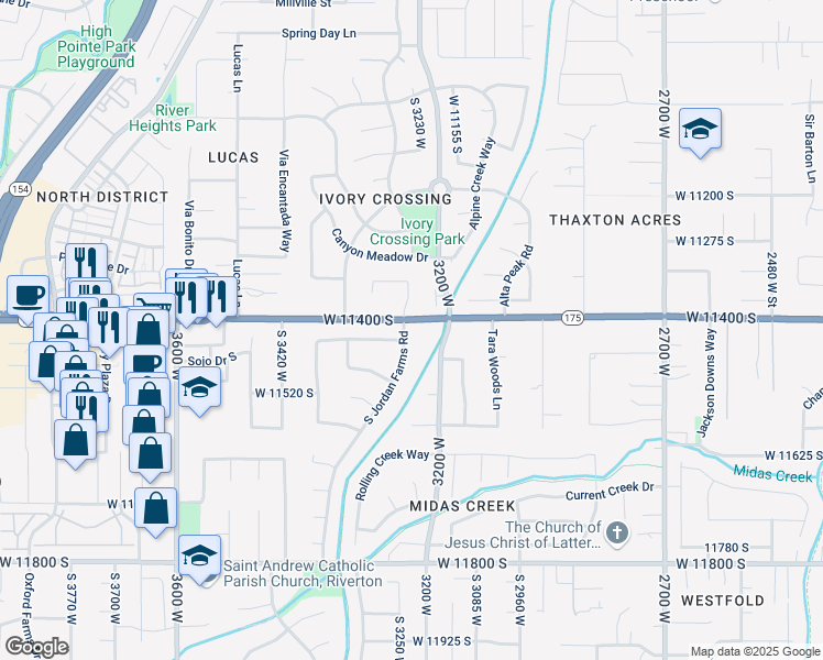 map of restaurants, bars, coffee shops, grocery stores, and more near 11417 South Jordan Farms Road in South Jordan