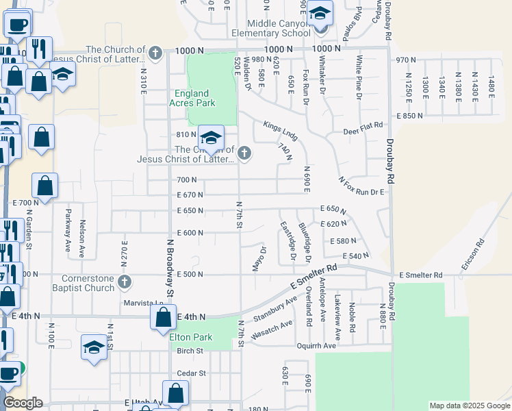 map of restaurants, bars, coffee shops, grocery stores, and more near 627 Valley View Drive in Tooele