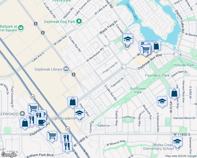 map of restaurants, bars, coffee shops, grocery stores, and more near 11477 Grandville Avenue in South Jordan