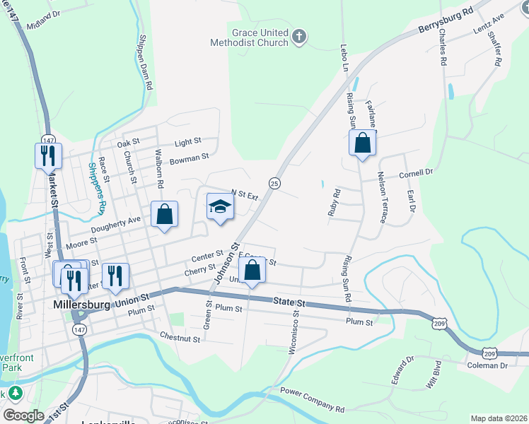 map of restaurants, bars, coffee shops, grocery stores, and more near 330 Berrysburg Road in Millersburg
