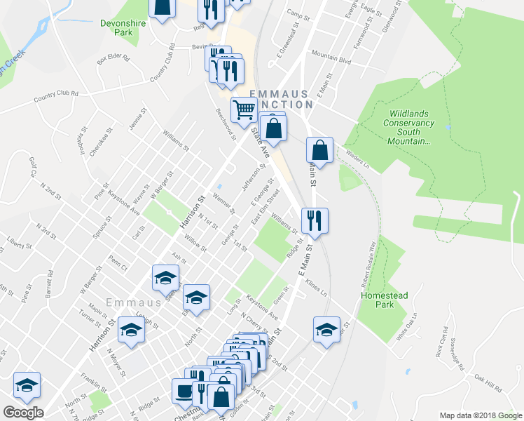 map of restaurants, bars, coffee shops, grocery stores, and more near 30 Elm Street in Emmaus