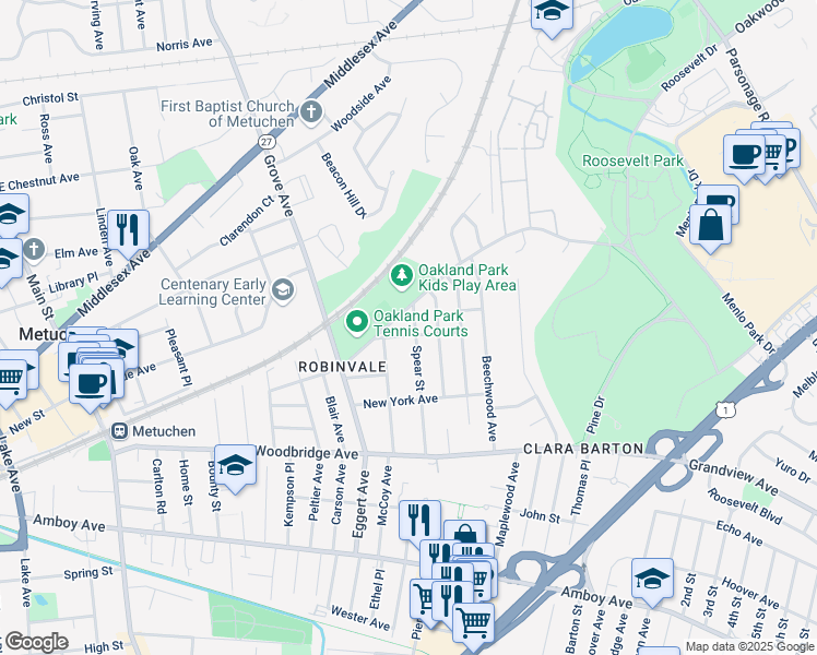 map of restaurants, bars, coffee shops, grocery stores, and more near 91 Delaware Avenue in Metuchen