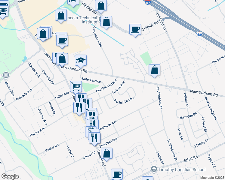 map of restaurants, bars, coffee shops, grocery stores, and more near 18 Haines Avenue in Piscataway