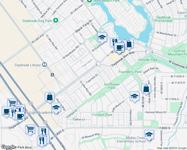 map of restaurants, bars, coffee shops, grocery stores, and more near 11423 Lake Falls Road in South Jordan