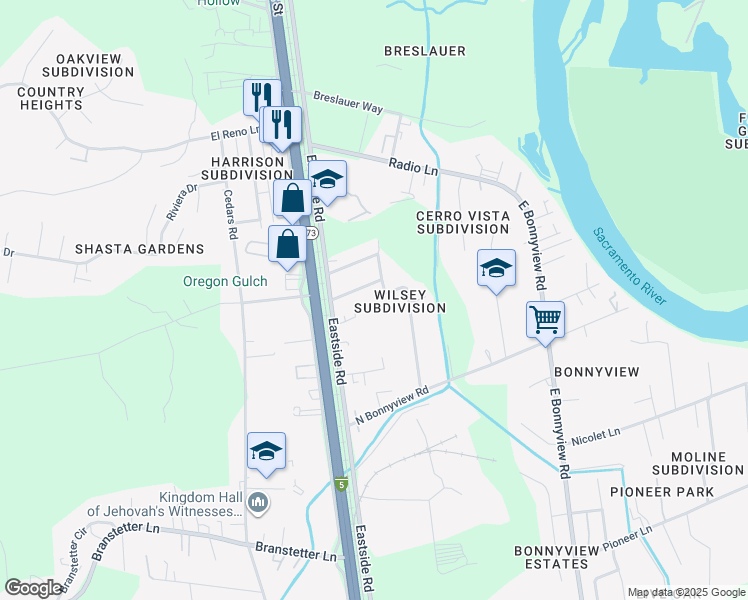 map of restaurants, bars, coffee shops, grocery stores, and more near 4890 Bonnyview Avenue in Redding
