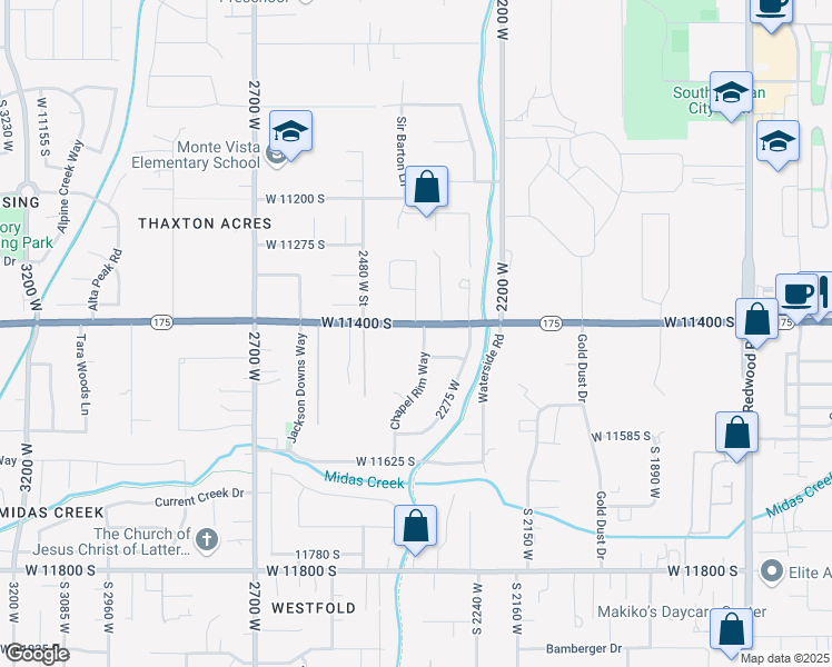 map of restaurants, bars, coffee shops, grocery stores, and more near 11416 Chapel Rim Way in South Jordan