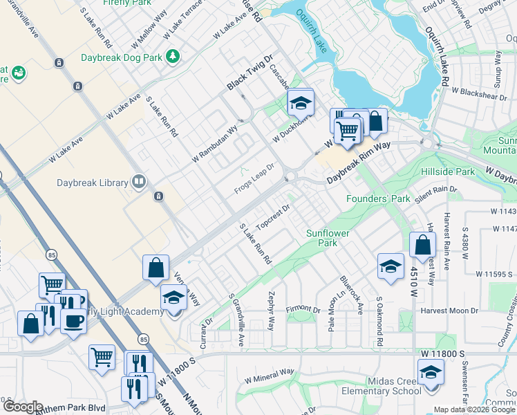 map of restaurants, bars, coffee shops, grocery stores, and more near 4917 West Daybreak Parkway in South Jordan