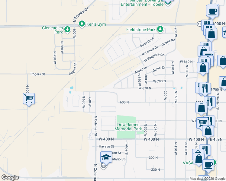 map of restaurants, bars, coffee shops, grocery stores, and more near 501 West 670 North in Tooele