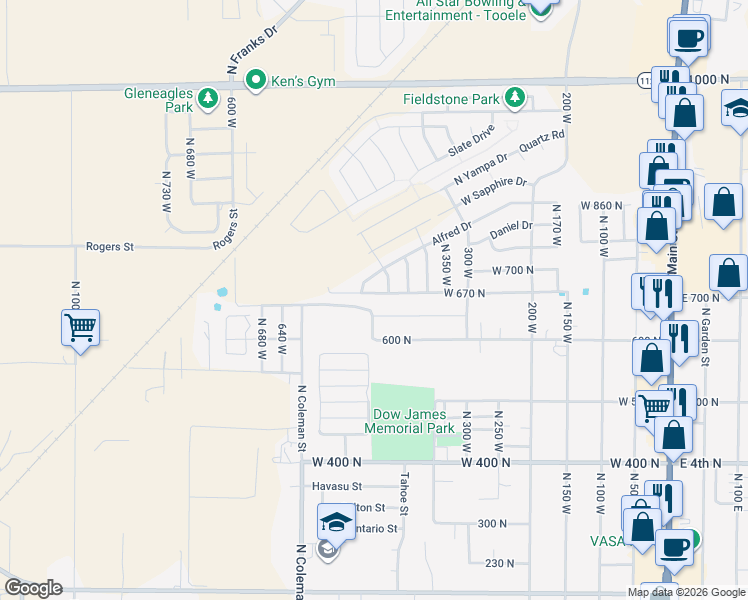 map of restaurants, bars, coffee shops, grocery stores, and more near 473 West 670 North in Tooele