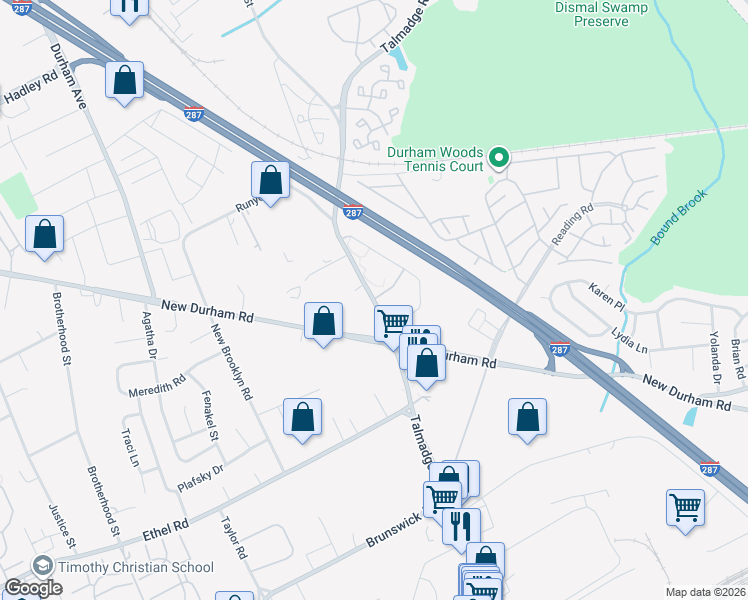 map of restaurants, bars, coffee shops, grocery stores, and more near Talmadge Rd & Waterford Dr in Edison
