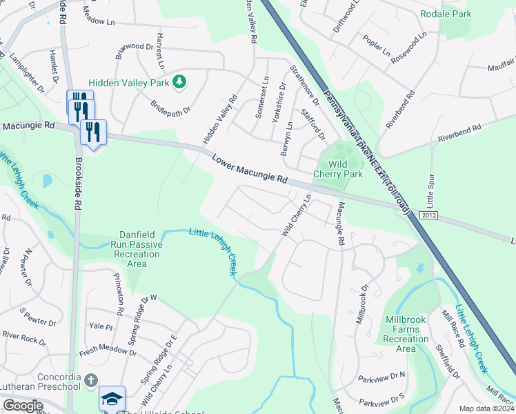 map of restaurants, bars, coffee shops, grocery stores, and more near 4831 Derby Lane in Macungie