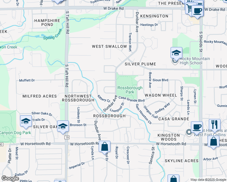 map of restaurants, bars, coffee shops, grocery stores, and more near 1766 Bedford Circle in Fort Collins