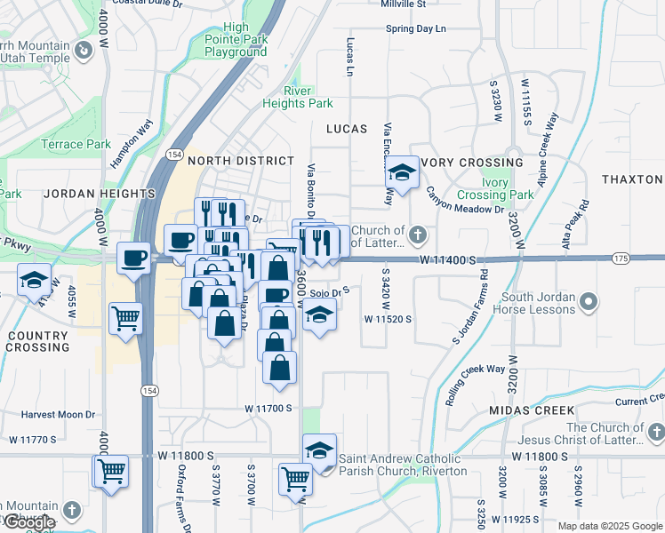 map of restaurants, bars, coffee shops, grocery stores, and more near 3537 West 11400 South in South Jordan