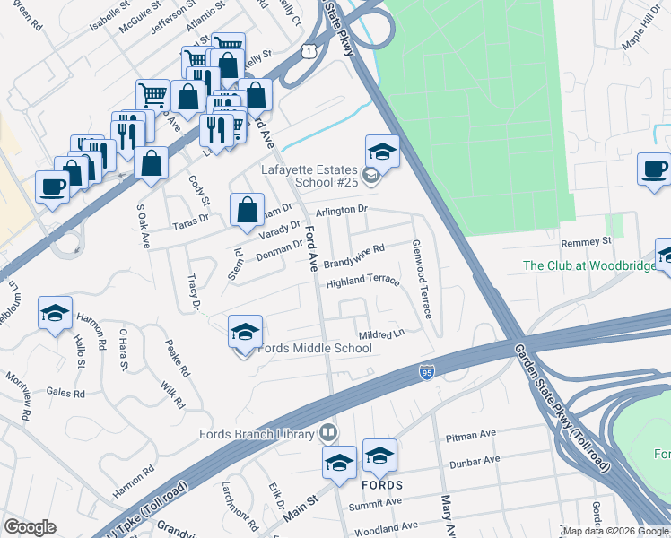 map of restaurants, bars, coffee shops, grocery stores, and more near 15 Highland Terrace in Woodbridge Township