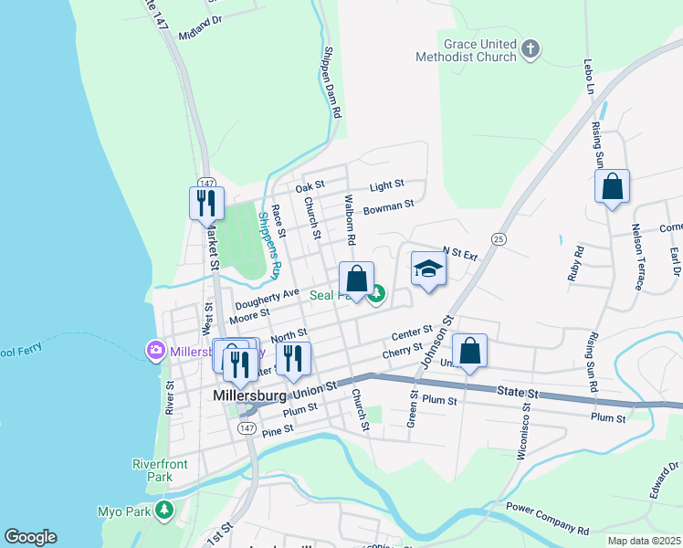 map of restaurants, bars, coffee shops, grocery stores, and more near 530 Wert Street in Millersburg