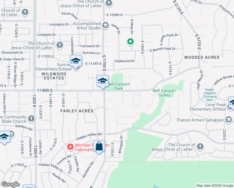 map of restaurants, bars, coffee shops, grocery stores, and more near 11444 South 1730 East in Sandy