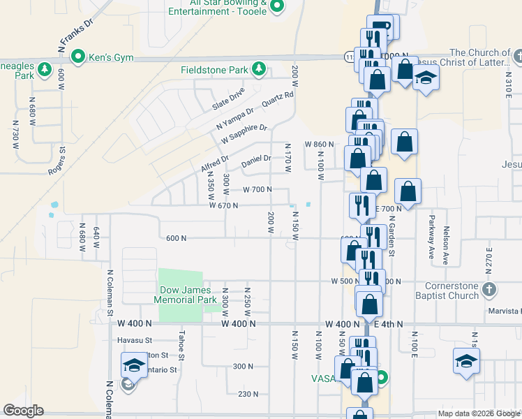 map of restaurants, bars, coffee shops, grocery stores, and more near 229 West 670 North in Tooele