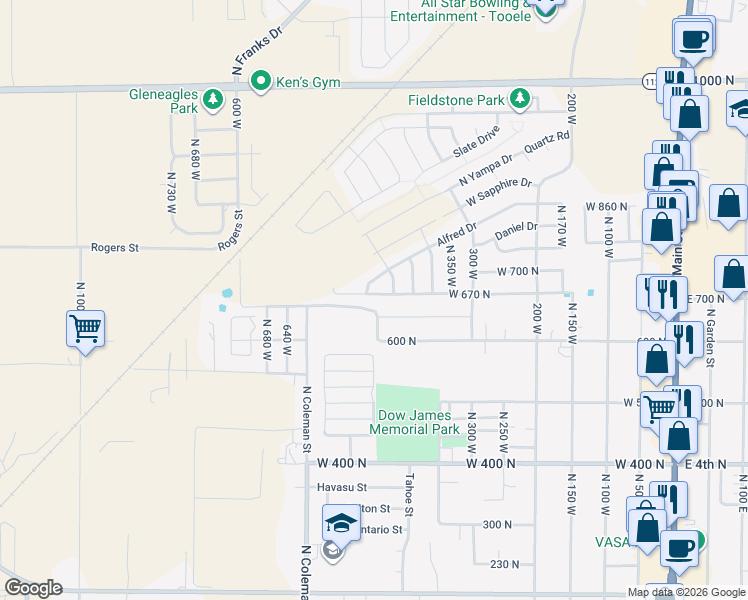 map of restaurants, bars, coffee shops, grocery stores, and more near 473 West 670 North in Tooele
