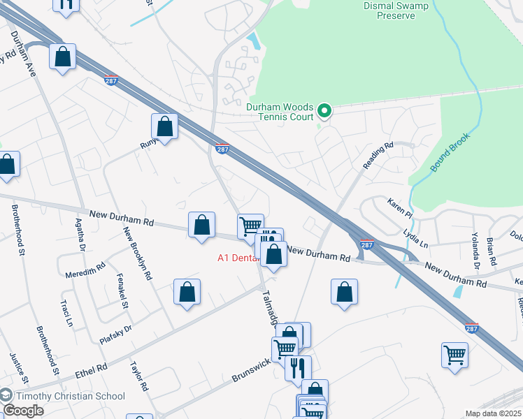 map of restaurants, bars, coffee shops, grocery stores, and more near 711 Waterford Drive in Edison