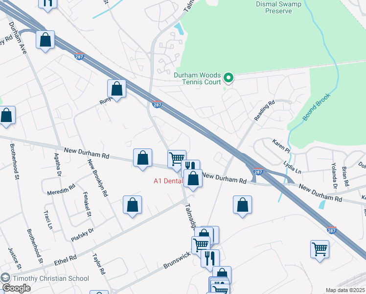 map of restaurants, bars, coffee shops, grocery stores, and more near 711 Waterford Drive in Edison