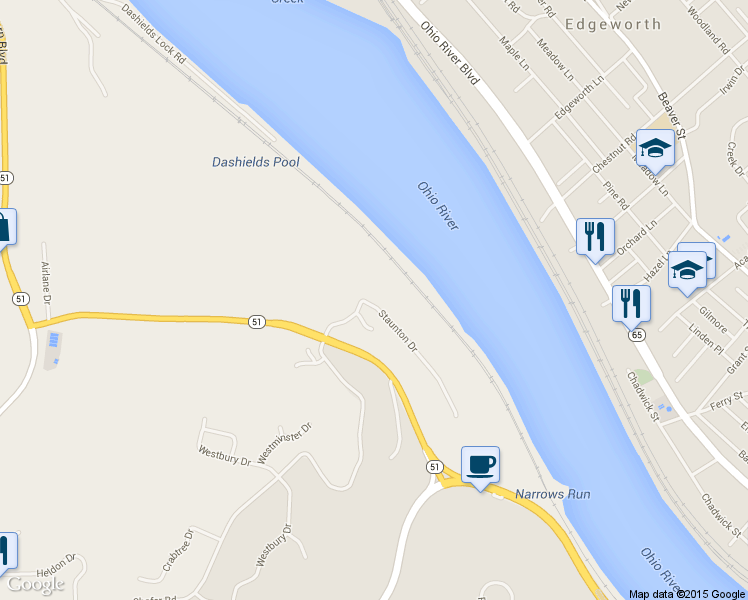 map of restaurants, bars, coffee shops, grocery stores, and more near 1505 Staunton Drive in Coraopolis