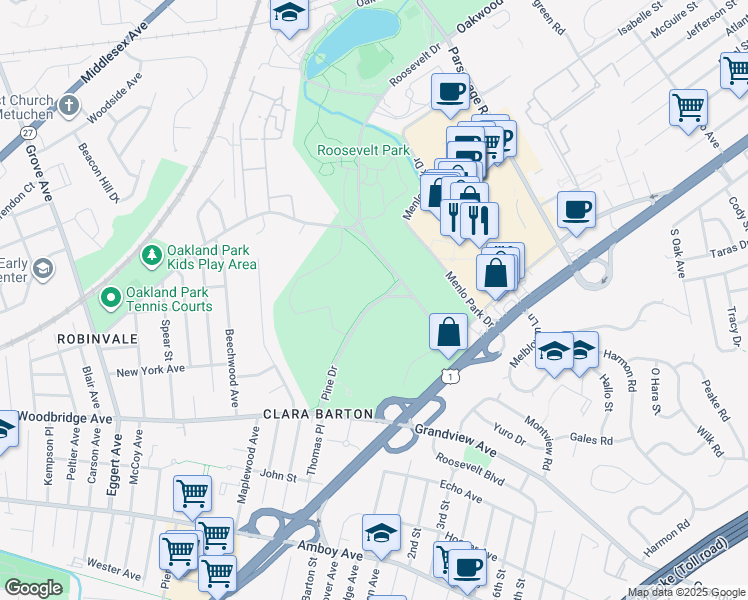 map of restaurants, bars, coffee shops, grocery stores, and more near Roosevelt Drive in Edison