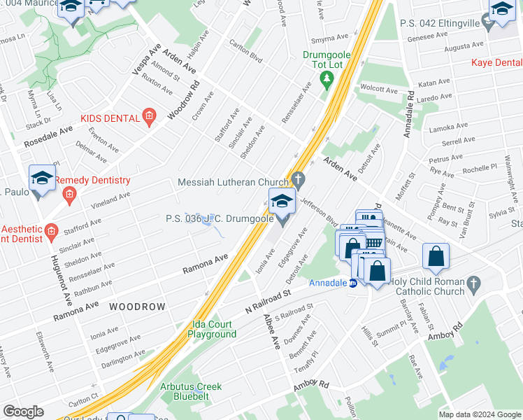 map of restaurants, bars, coffee shops, grocery stores, and more near 1042 Drumgoole Road West in Staten Island