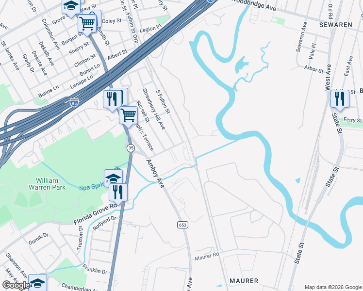 map of restaurants, bars, coffee shops, grocery stores, and more near 65 Cutters Dock Road in Woodbridge Township