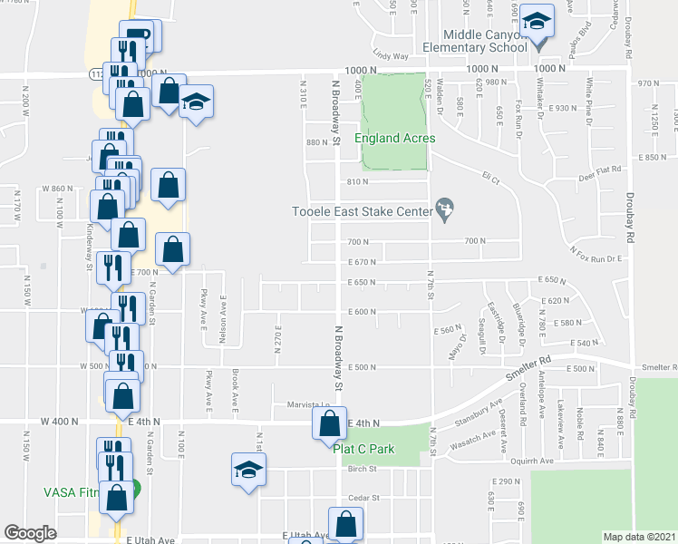 map of restaurants, bars, coffee shops, grocery stores, and more near 669 North Broadway Avenue in Tooele