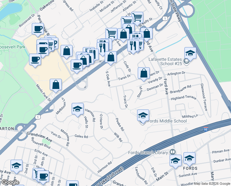 map of restaurants, bars, coffee shops, grocery stores, and more near 131 Tracy Drive in Woodbridge Township