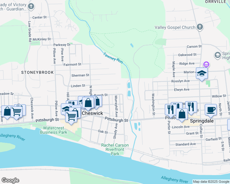 map of restaurants, bars, coffee shops, grocery stores, and more near 1615 Beech Street in Cheswick