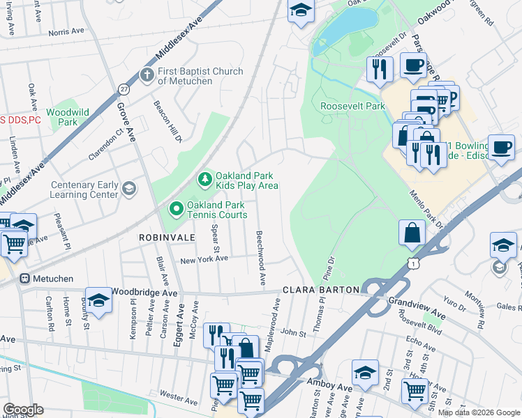 map of restaurants, bars, coffee shops, grocery stores, and more near 71 Beechwood Avenue in Metuchen