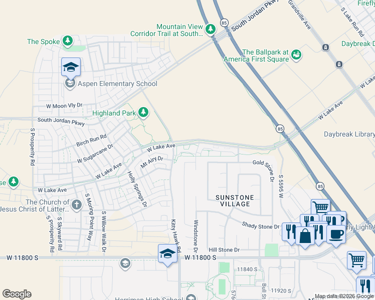 map of restaurants, bars, coffee shops, grocery stores, and more near 5943 West Lake Avenue in South Jordan