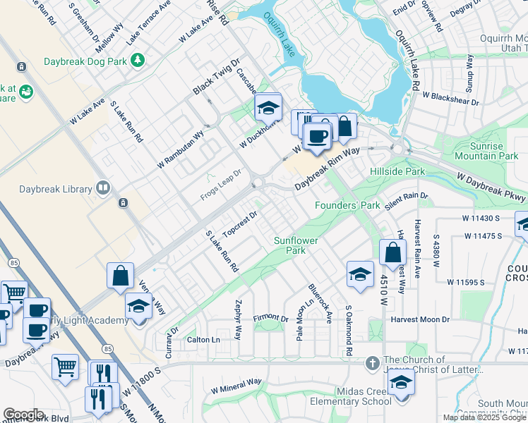 map of restaurants, bars, coffee shops, grocery stores, and more near 4799 Topcrest Drive in South Jordan