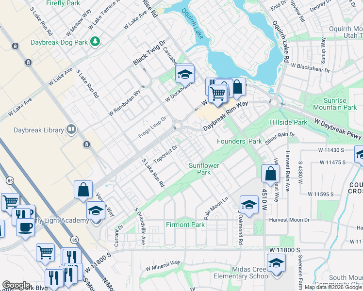 map of restaurants, bars, coffee shops, grocery stores, and more near 4799 Topcrest Drive in South Jordan