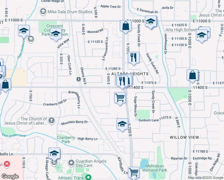 map of restaurants, bars, coffee shops, grocery stores, and more near 11446 Camden Road in Draper