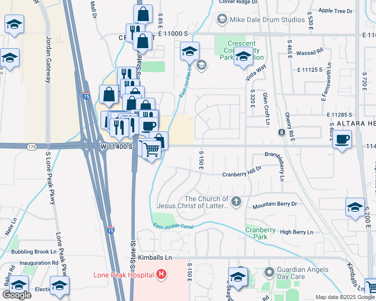 map of restaurants, bars, coffee shops, grocery stores, and more near 11448 Raspberry Court East in Draper