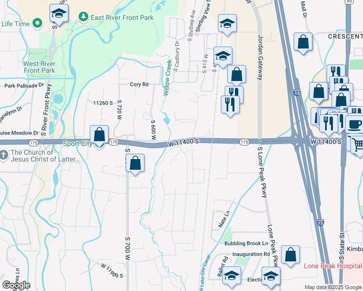 map of restaurants, bars, coffee shops, grocery stores, and more near 11422 South Wildrye Field Way in Draper
