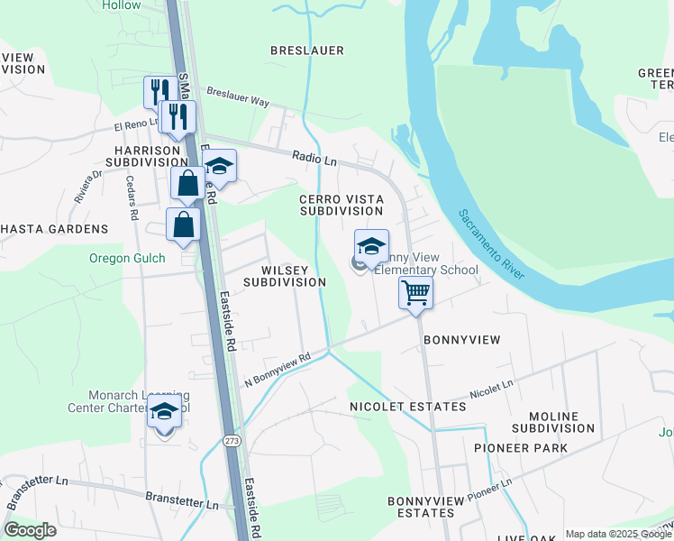 map of restaurants, bars, coffee shops, grocery stores, and more near 5080 Bidwell Rd in Redding