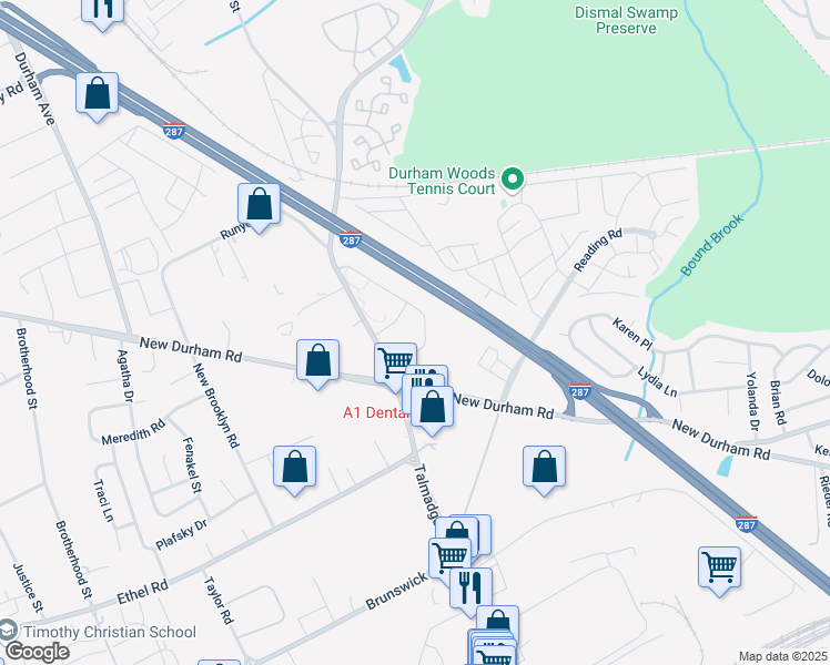 map of restaurants, bars, coffee shops, grocery stores, and more near 1238 Waterford Drive in Edison