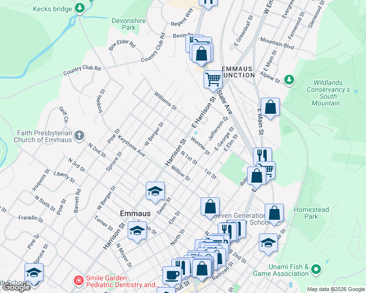 map of restaurants, bars, coffee shops, grocery stores, and more near 419 North 1st Street in Emmaus