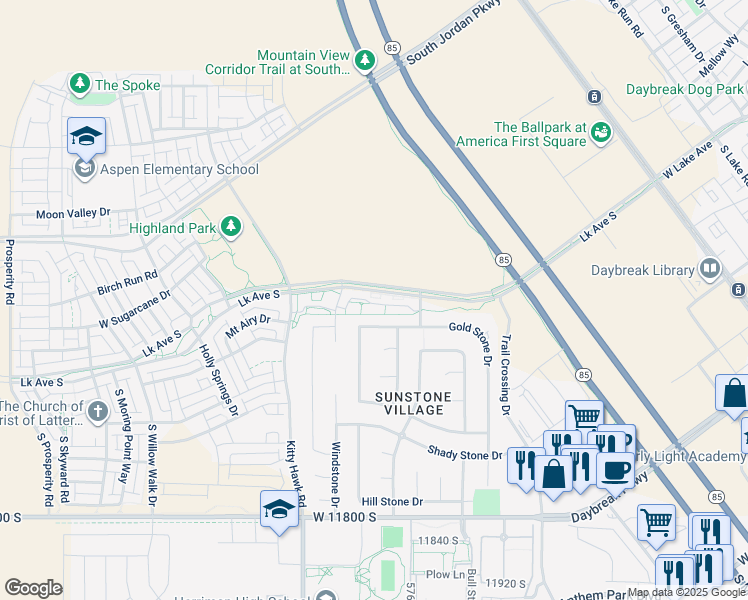 map of restaurants, bars, coffee shops, grocery stores, and more near 5829 West Lake Avenue in South Jordan