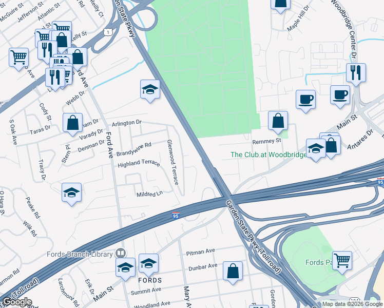 map of restaurants, bars, coffee shops, grocery stores, and more near 11 Heidi Drive in Woodbridge Township