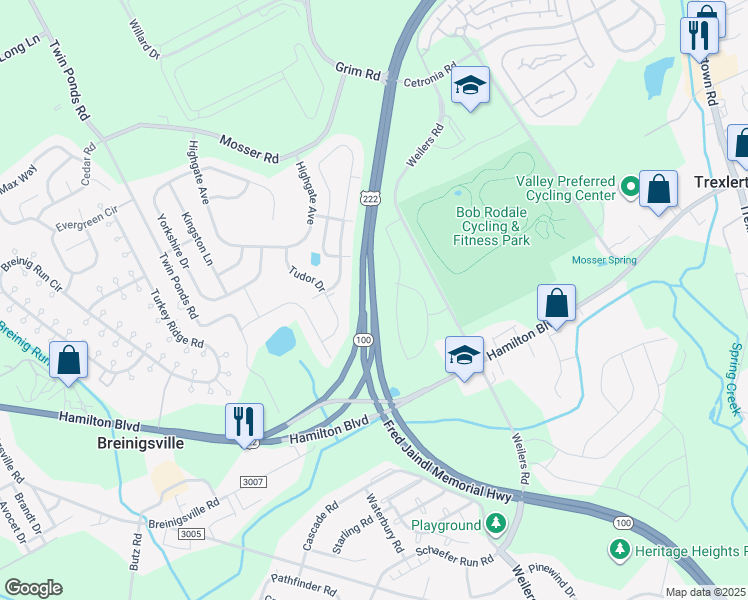 map of restaurants, bars, coffee shops, grocery stores, and more near Fred Jaindl Memorial Highway in Breinigsville