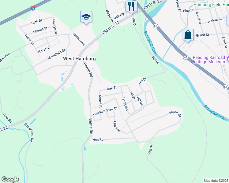 map of restaurants, bars, coffee shops, grocery stores, and more near 713 1st Street Extension in Hamburg