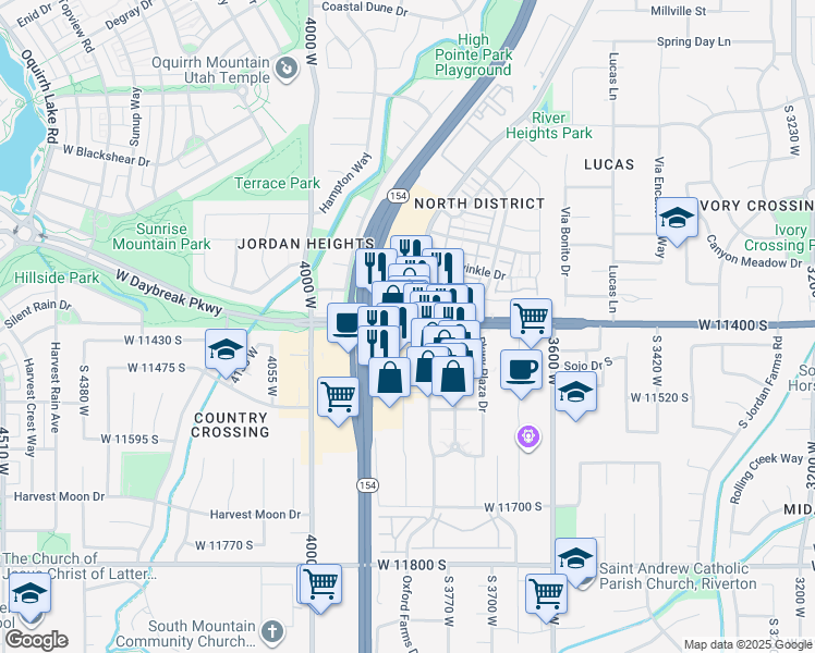 map of restaurants, bars, coffee shops, grocery stores, and more near 11552 South District Drive in South Jordan
