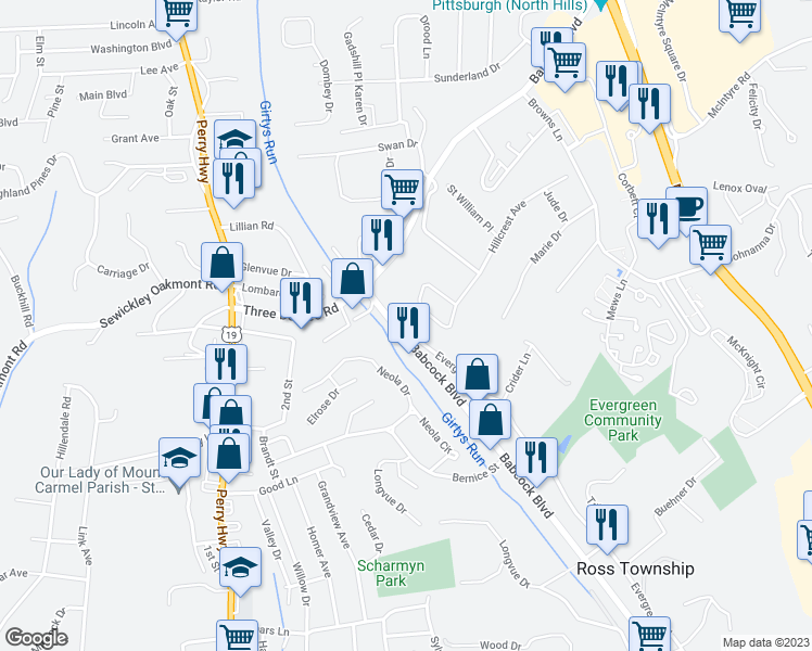 map of restaurants, bars, coffee shops, grocery stores, and more near 3498 Evergreen Road in Pittsburgh