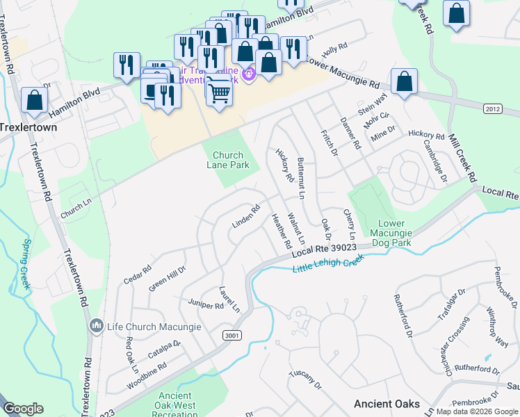 map of restaurants, bars, coffee shops, grocery stores, and more near 7080 Hillcrest Drive in Macungie