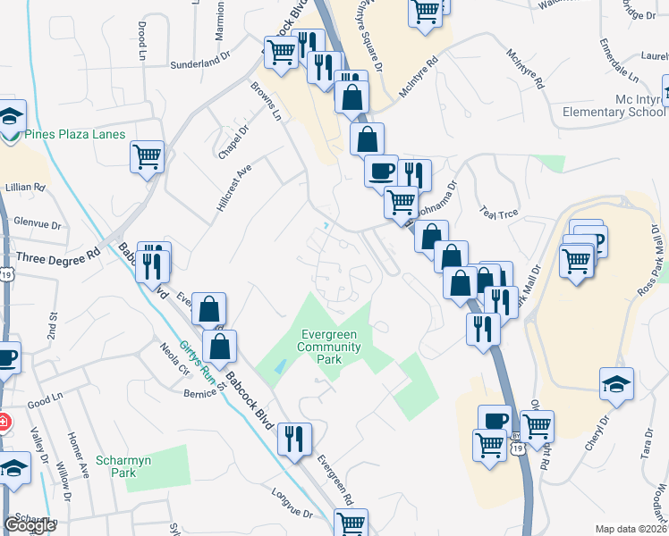 map of restaurants, bars, coffee shops, grocery stores, and more near 186 Birch Court in Pittsburgh