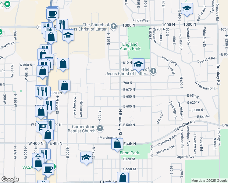 map of restaurants, bars, coffee shops, grocery stores, and more near 324 East 670 North in Tooele
